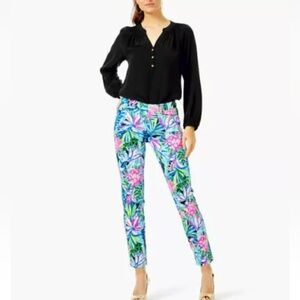Lilly Pulitzer Black Blouse with Colorful Floral Pants